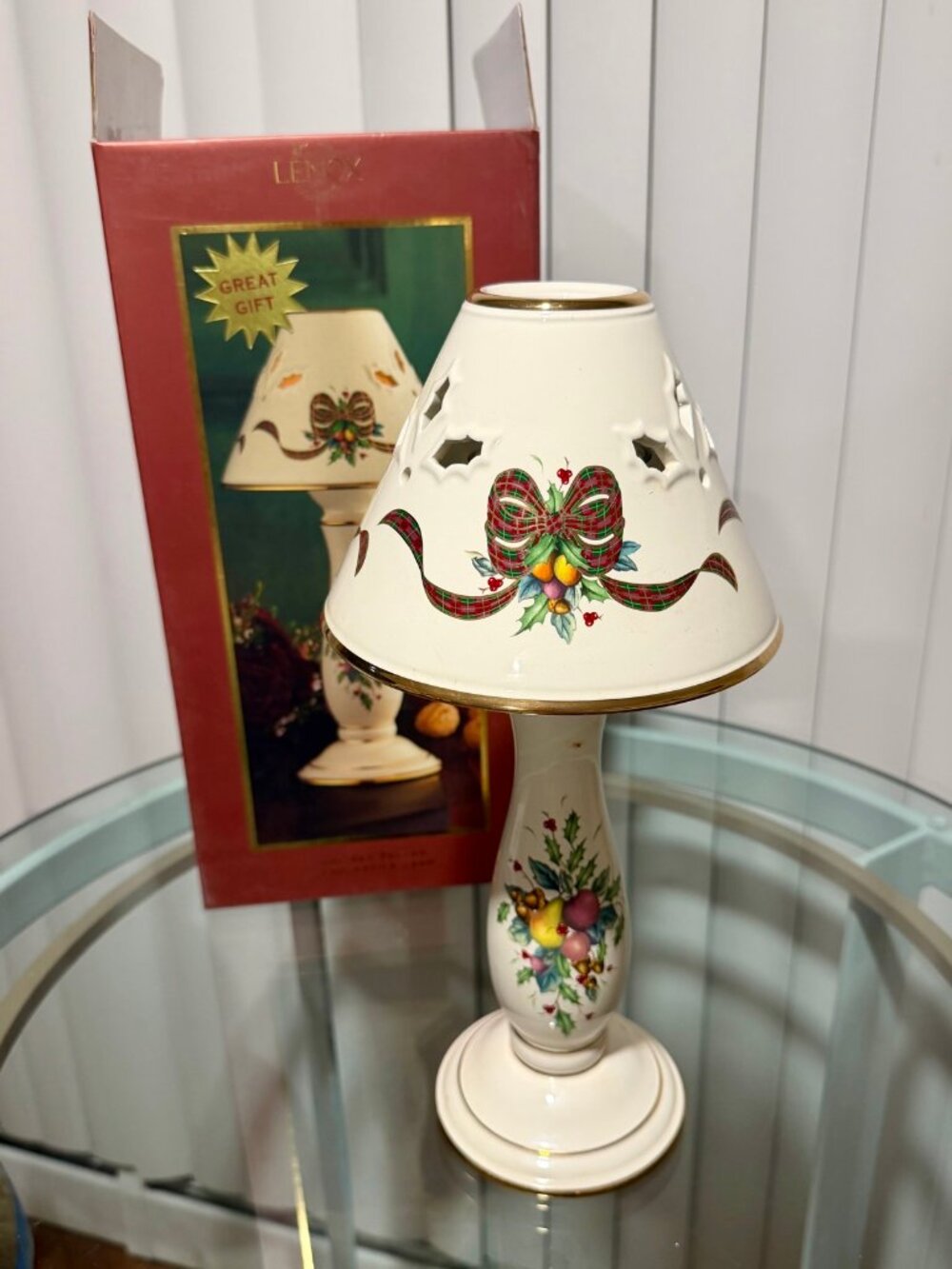 Lenox Holiday Tartan Candlestick Lamp - Porcelain Christmas Candle Lamp w/ Box